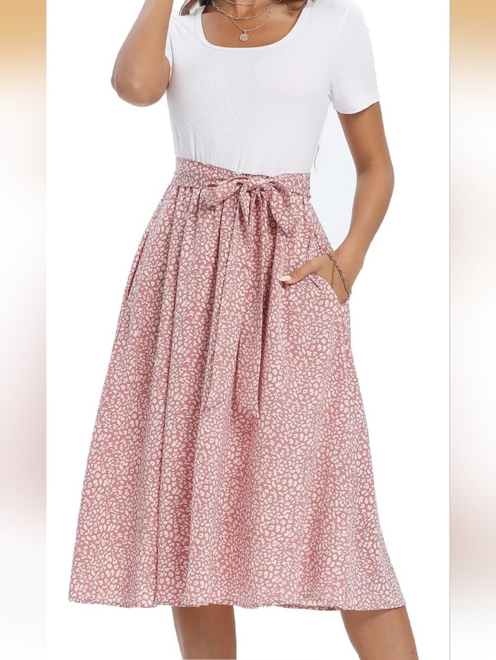 White & Blush Pink Two-Tone Short Sleeve Dress